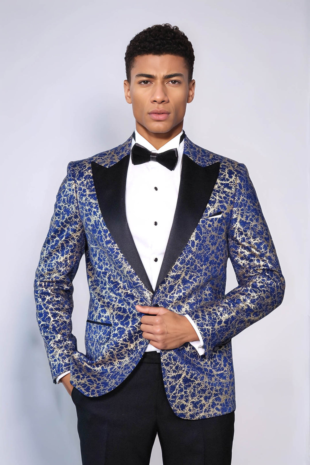Root Pattern Peak Lapel Dark Blue Men Tuxode Dinner Blazer - Wessi