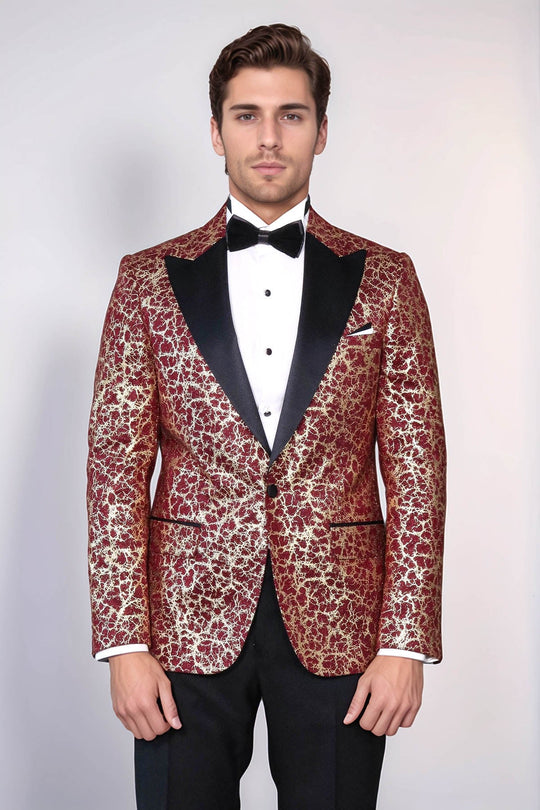 Бордовый мужской блейзер для выпускного с пиковыми лацканами и корневым узором — Wessi
