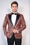 Root Pattern Peak Lapel Burgundy Men Party Blazer - Wessi