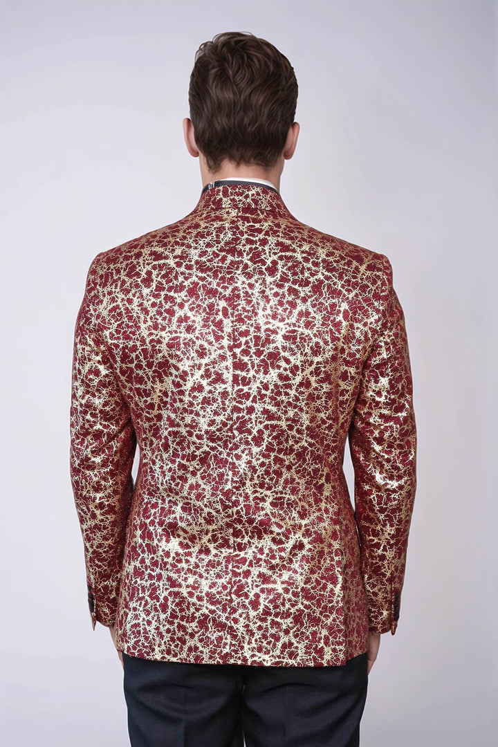 Root Pattern Peak Lapel Burgundy Men Party Blazer - Wessi