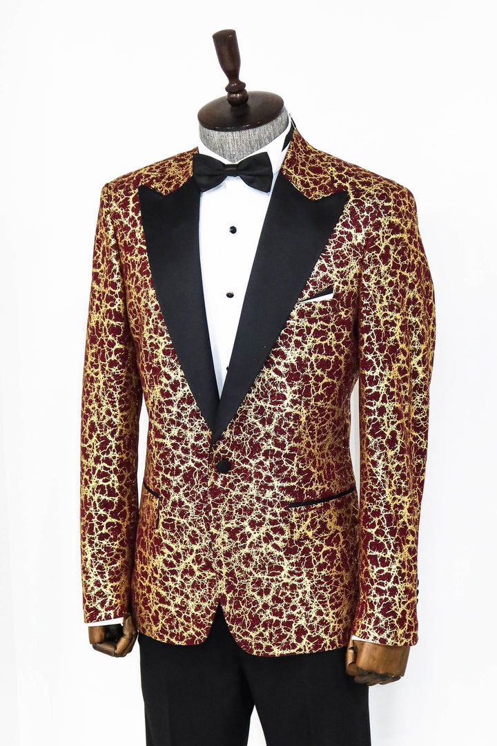 Root Pattern Peak Lapel Burgundy Men Prom Blazer and Trousers Combination - Wessi