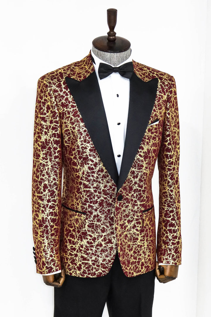Root Pattern Peak Lapel Burgundy Men Prom Blazer and Trousers Combination - Wessi
