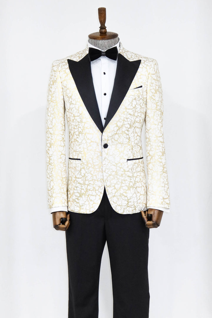Root Pattern Peak Lapel White Men Prom Blazer and Trousers Combination - Wessi