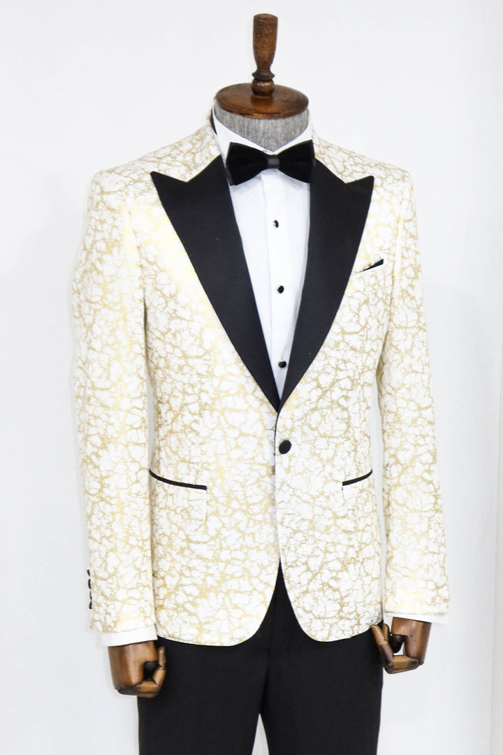 Root Pattern Peak Lapel White Men Prom Blazer and Trousers Combination - Wessi