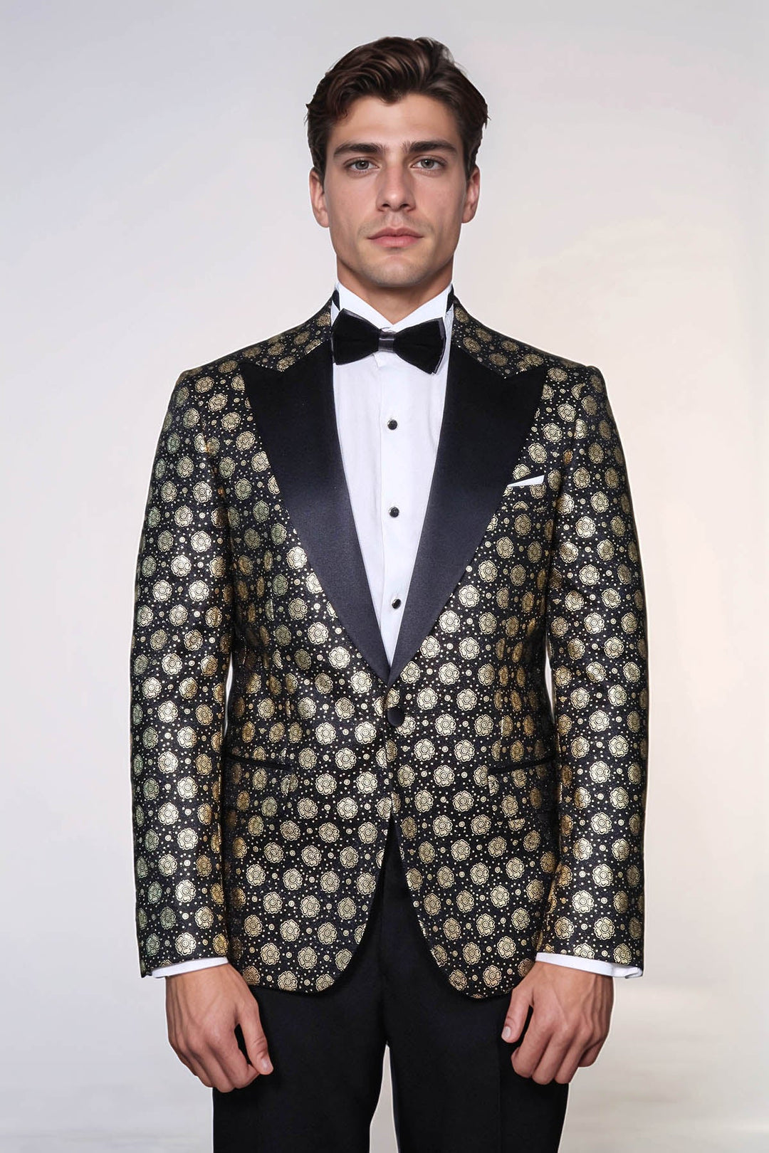 Floral Patterned Peak Lapel  Black with Gold Embellished Dinner Jacket - Wessi