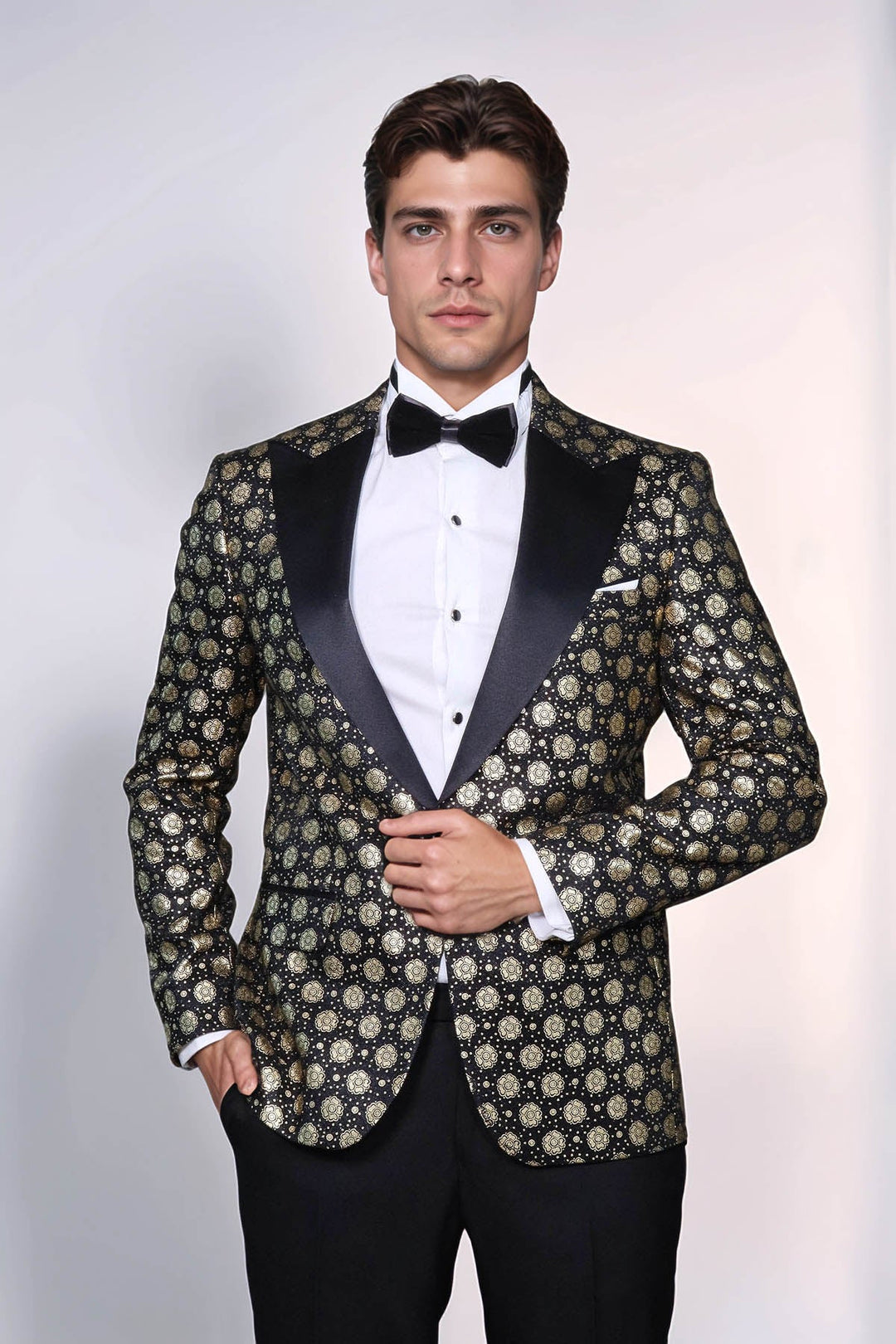 Floral Patterned Peak Lapel  Black with Gold Embellished Dinner Jacket - Wessi