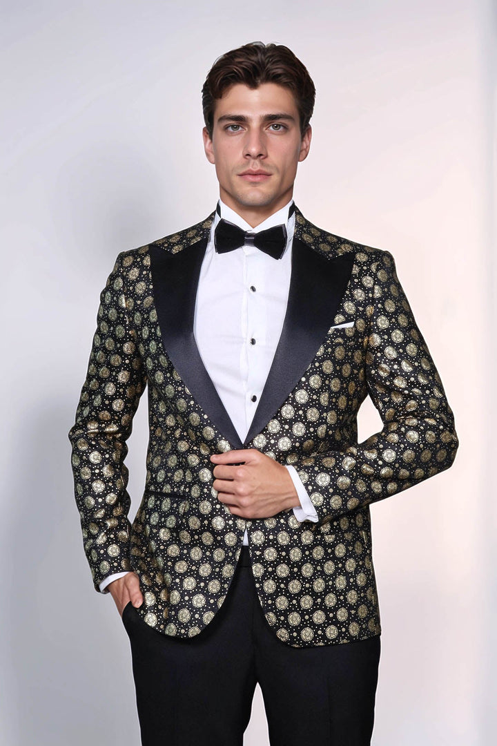 Floral Patterned Peak Lapel  Black with Gold Embellished Dinner Jacket - Wessi