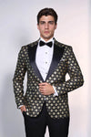 Floral Patterned Peak Lapel  Black with Gold Embellished Dinner Jacket - Wessi