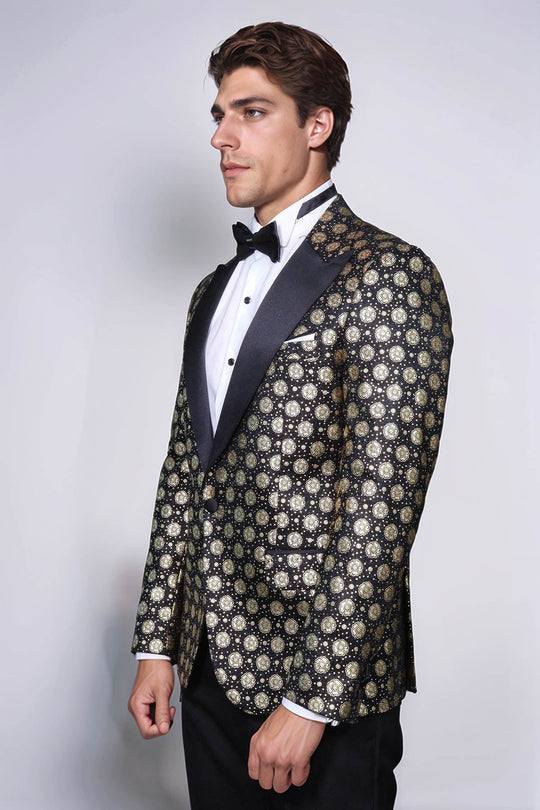 Floral Patterned Peak Lapel  Black with Gold Embellished Dinner Jacket - Wessi