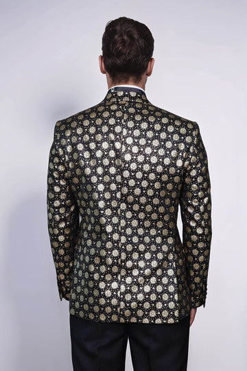 Floral Patterned Peak Lapel  Black with Gold Embellished Dinner Jacket - Wessi