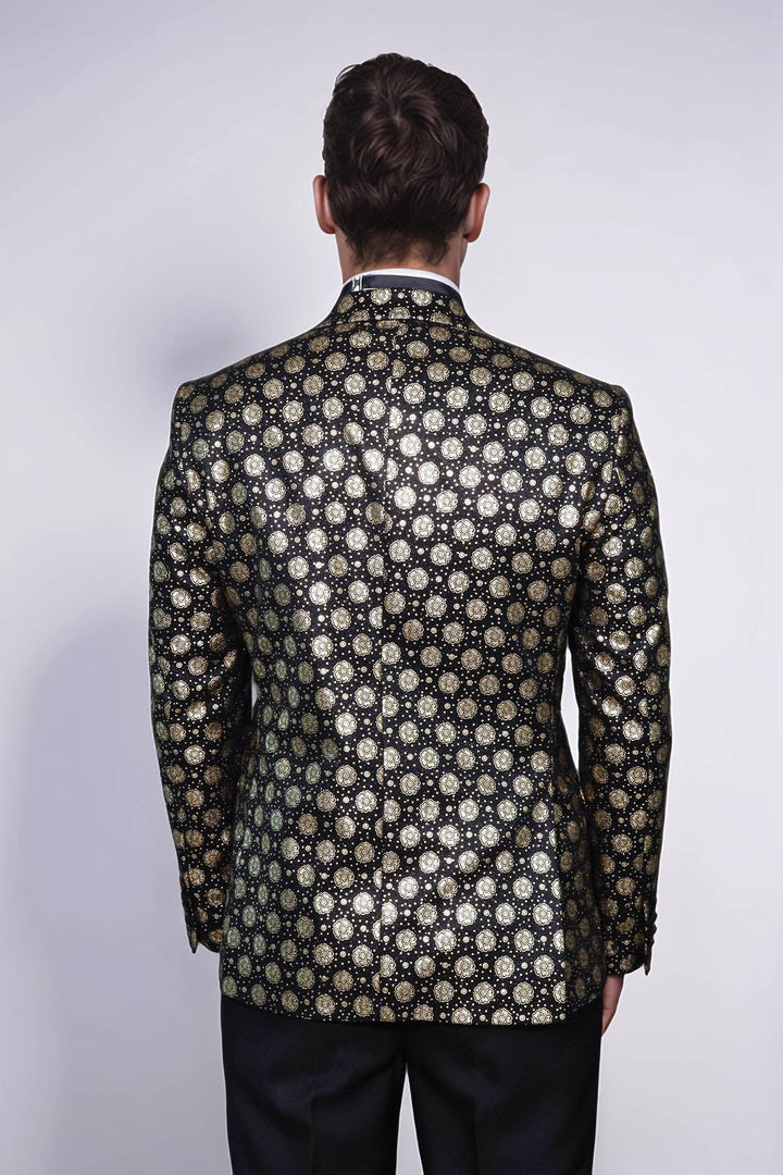 Floral Patterned Peak Lapel  Black with Gold Embellished Dinner Jacket - Wessi