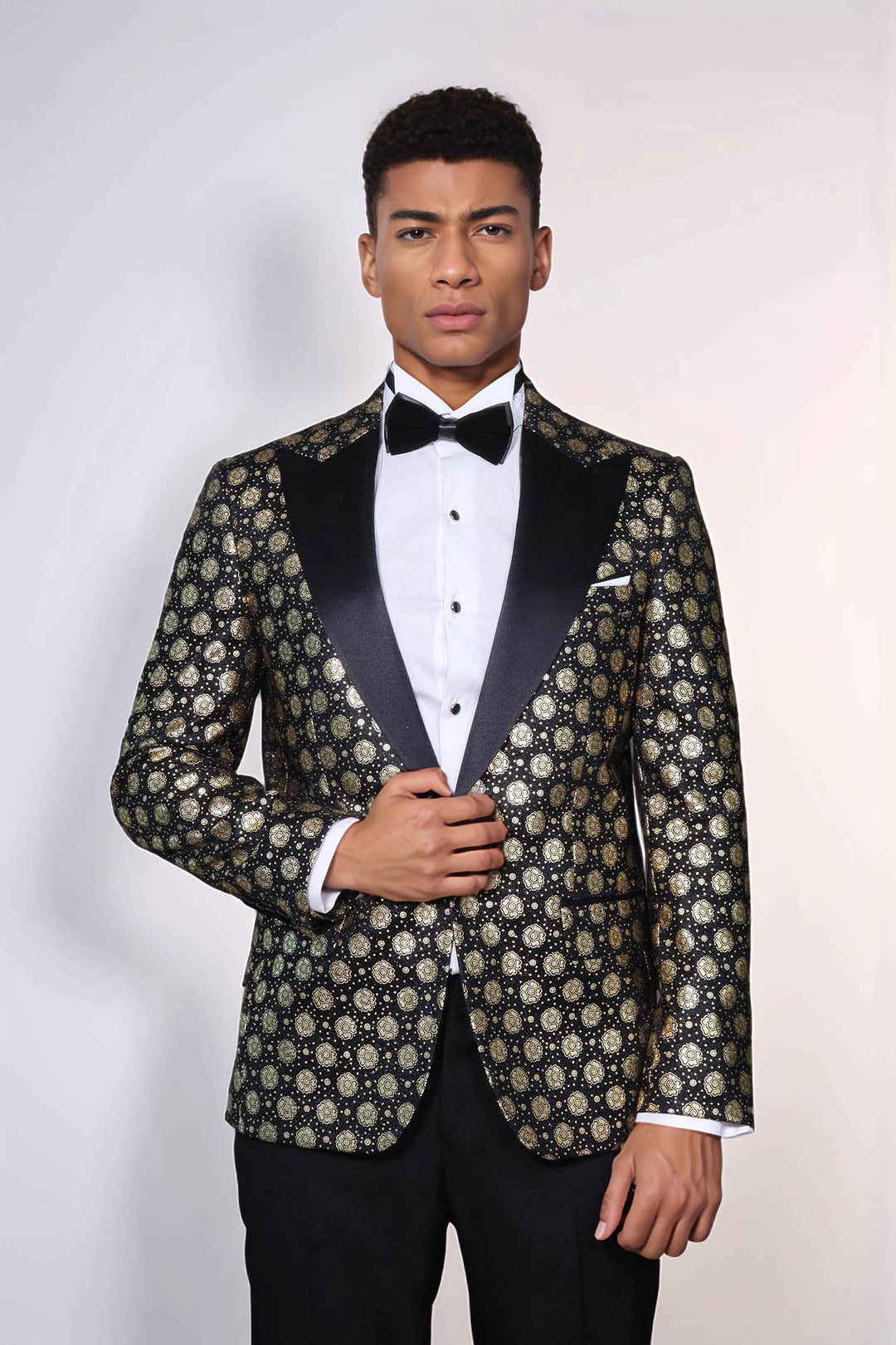 Blazer da uomo nero con risvolto a lancia con motivo floreale - Wessi