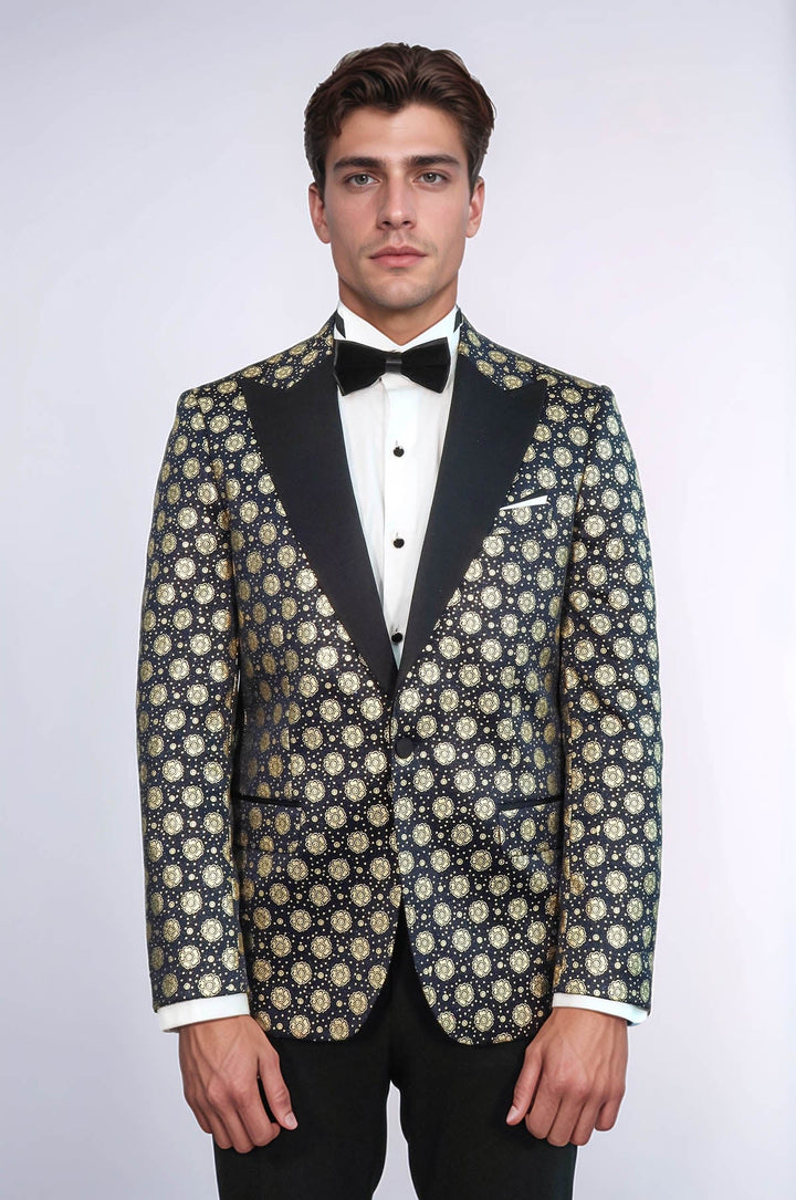 سترة منقوشة بالزهور ذات طية صدر السترة باللون الأزرق الداكن للرجال - Wessi