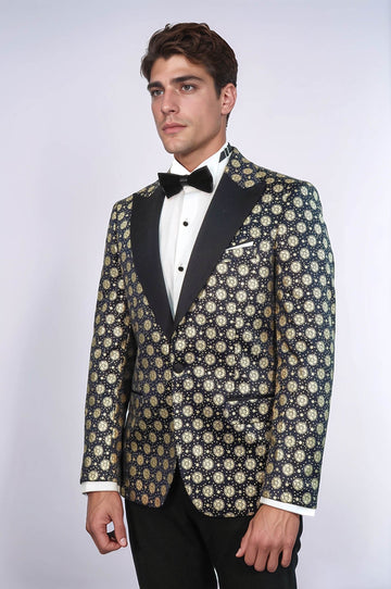 Floral Patterned Peak Lapel  Navy Blue with Gold Embellished Dinner Jacket - Wessi