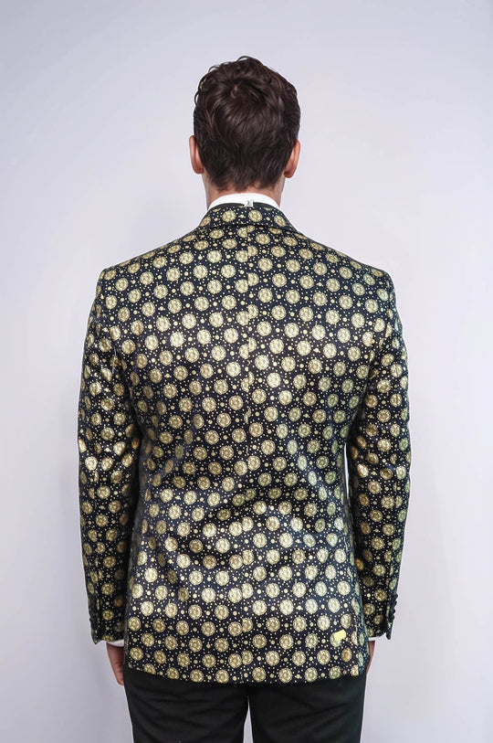 Floral Patterned Peak Lapel  Navy Blue with Gold Embellished Dinner Jacket - Wessi