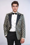 Floral Patterned Peak Lapel  Navy Blue with Gold Embellished Dinner Jacket - Wessi