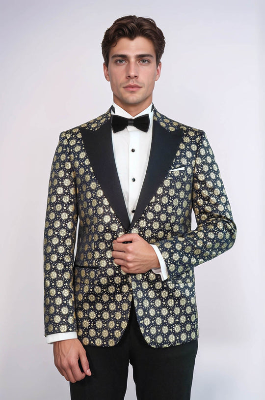 Floral Patterned Peak Lapel  Navy Blue with Gold Embellished Dinner Jacket - Wessi