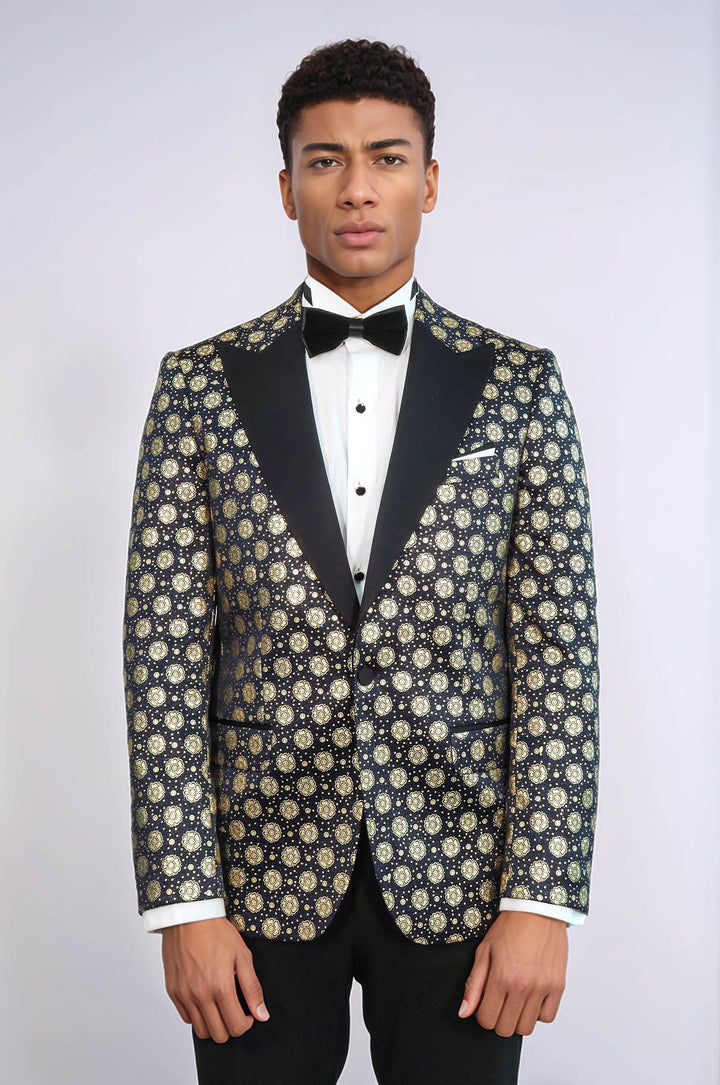 Blazer de bal bleu marine à revers en pointe à motifs floraux pour hommes - Wessi