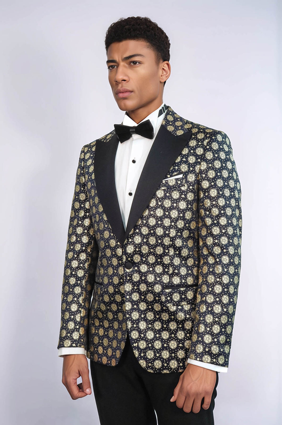 Blazer de bal bleu marine à revers en pointe à motifs floraux pour hommes - Wessi