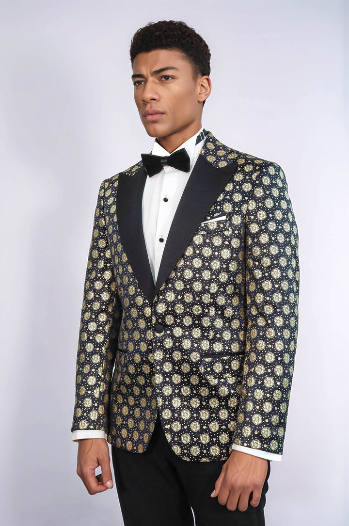 Blazer de bal bleu marine à revers en pointe à motifs floraux pour hommes - Wessi