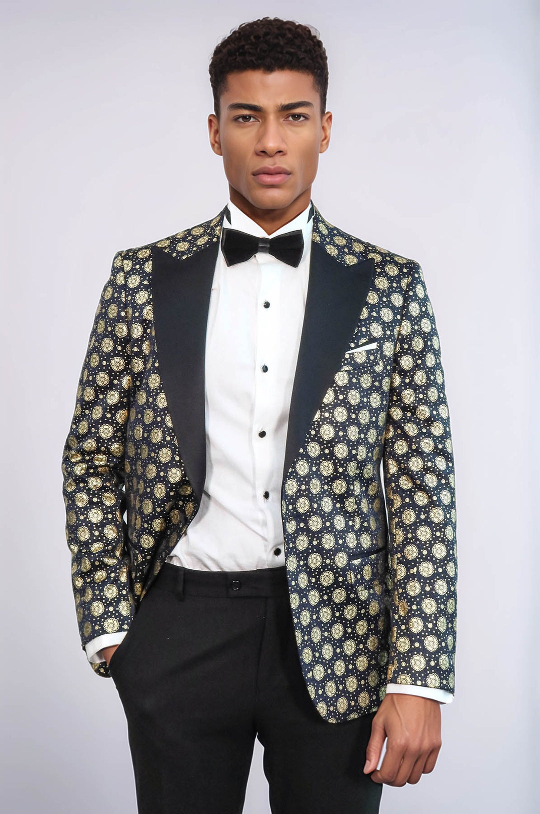 Blazer de bal bleu marine à revers en pointe à motifs floraux pour hommes - Wessi