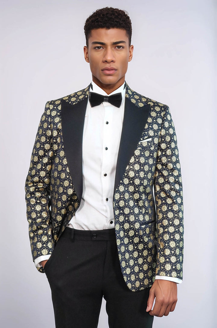 Blazer de bal bleu marine à revers en pointe à motifs floraux pour hommes - Wessi