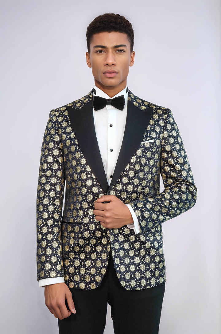 Blazer de bal bleu marine à revers en pointe à motifs floraux pour hommes - Wessi