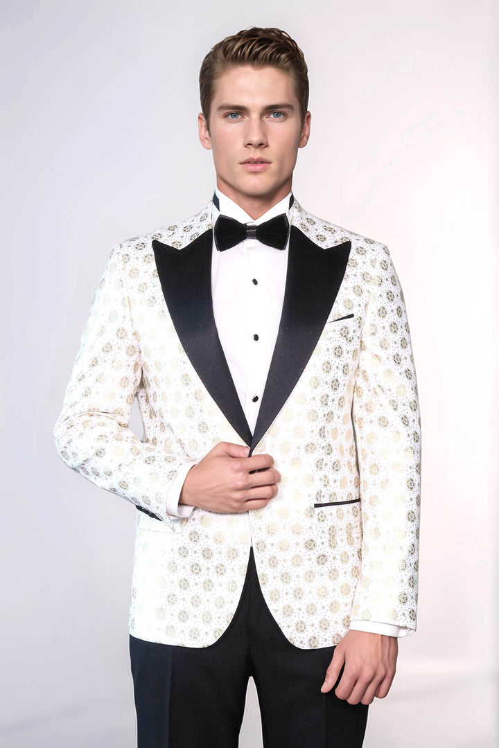 Floral Patterned Peak Lapel White Men Wedding Tuxedo Blazer - Wessi