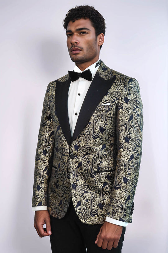 Paisley Peak Lapel Navy Blue Men Party Blazer - Wessi