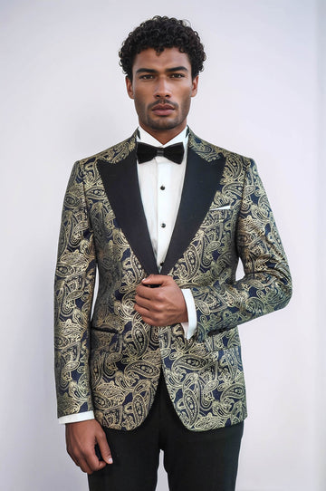 Paisley Peak Lapel Navy Blue Men Party Blazer - Wessi