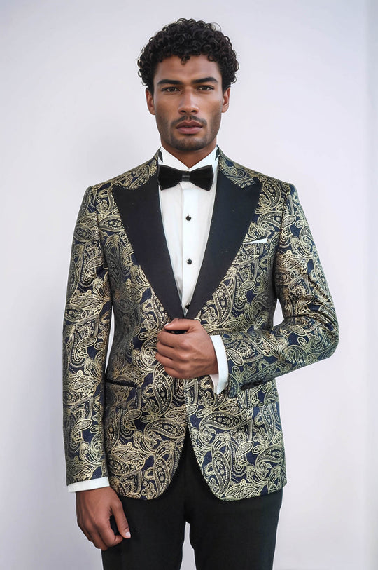 Paisley Peak Lapel Navy Blue Men Party Blazer - Wessi