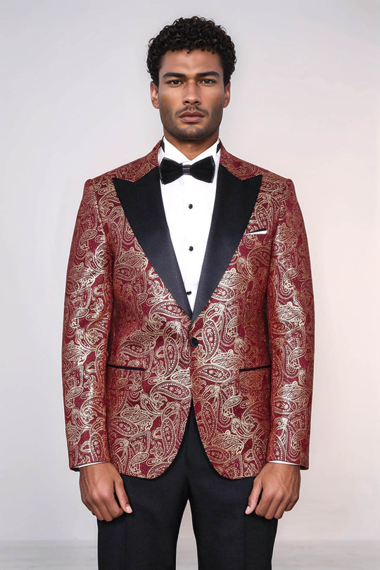 Paisley Peak Lapel Burgundy Men Singer Tuxedo Blazer - Wessi