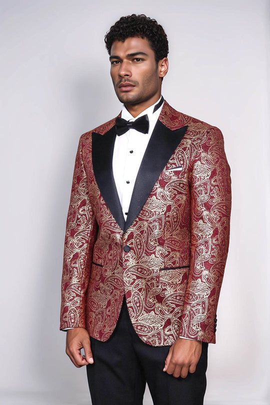 Paisley Peak Lapel Burgundy Men Singer Tuxedo Blazer - Wessi