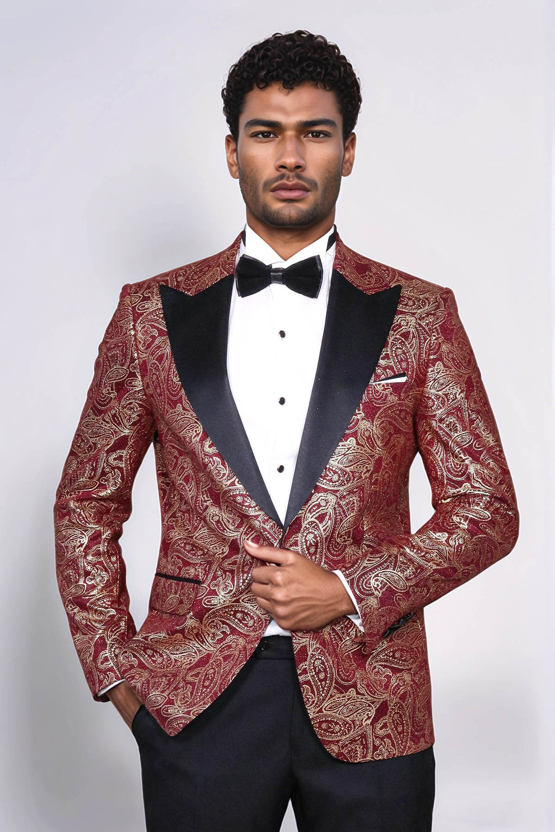 Paisley Peak Lapel Burgundy Men Singer Tuxedo Blazer Wessi