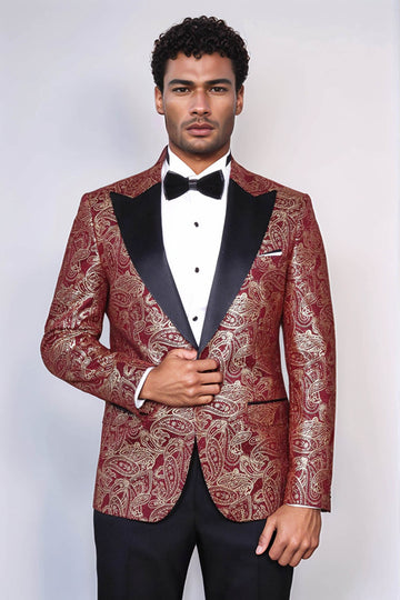 Paisley Peak Lapel Burgundy Men Singer Tuxedo Blazer - Wessi