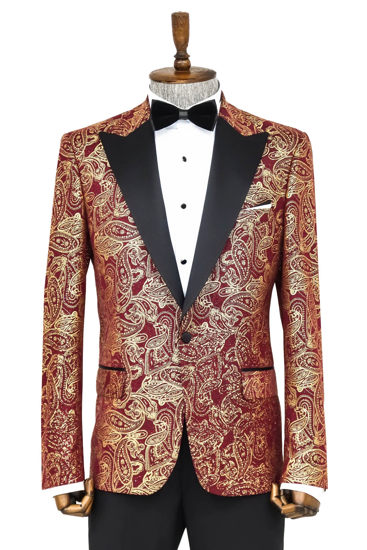 AZAR MAN Black Paisley Peak Lapel Tuxedo Jacket - Slim Fit 1 Button Blazer Size 36