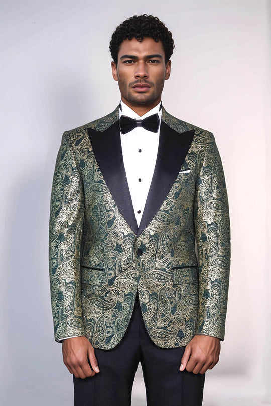 Paisley Peak Lapel Green Men Stage Tuxedo Jacket - Wessi