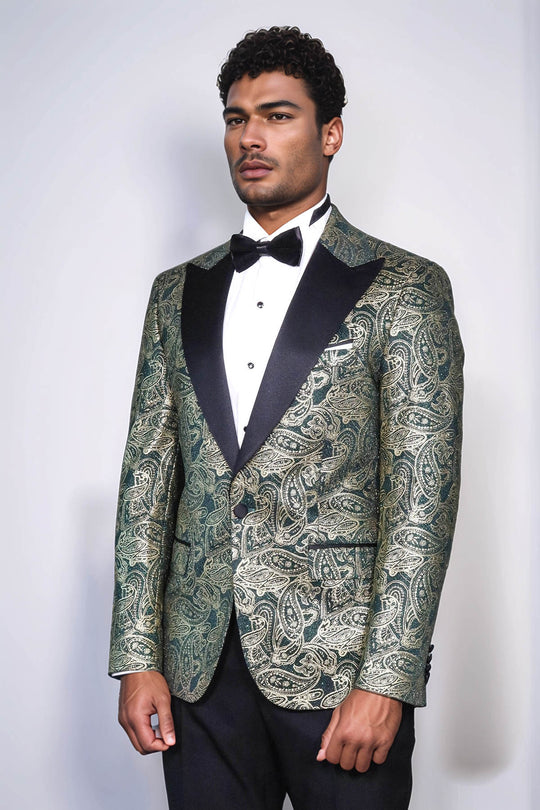 Paisley Peak Lapel Green Men Stage Tuxedo Jacket - Wessi