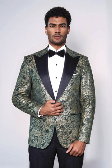 Paisley Peak Lapel Green Men Stage Tuxedo Jacket - Wessi