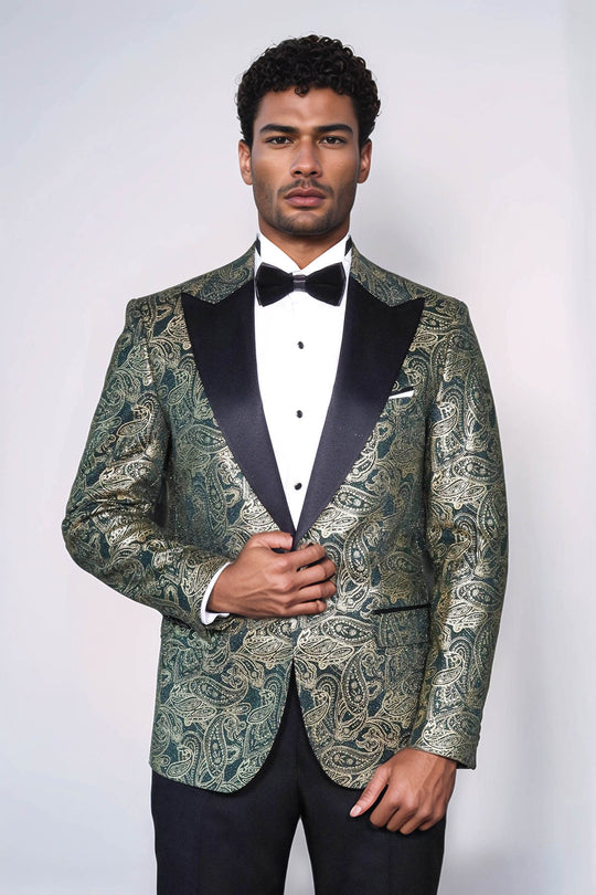 Paisley Peak Lapel Green Men Stage Tuxedo Jacket - Wessi