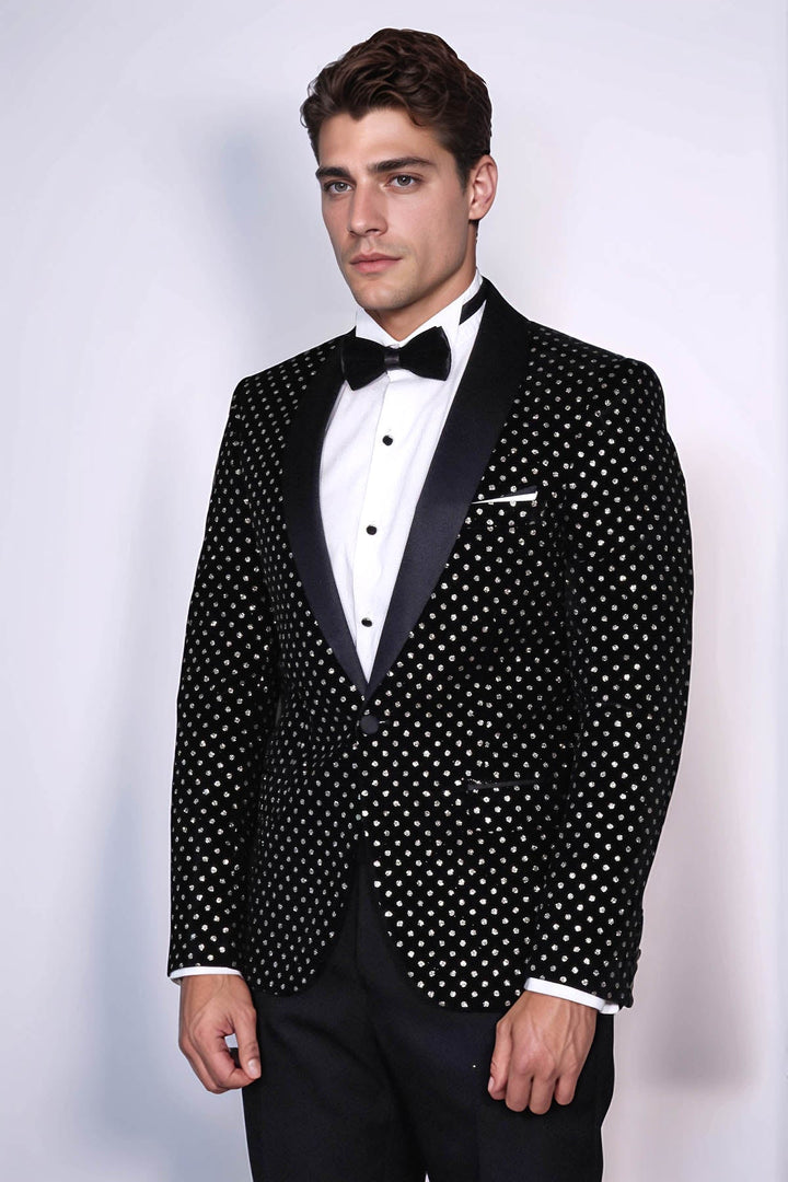 Dot Patterned Slim Fit Black Men Evening Dinner Blazer - Wessi