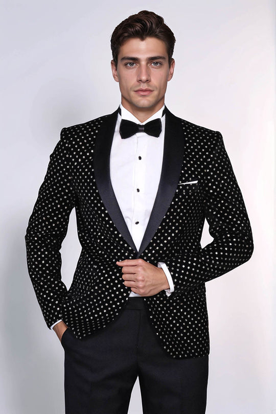 Dot Patterned Slim Fit Black Men Evening Dinner Blazer | Wessi Wessi - Discover Diversity Dot Patterned Slim Fit Black Men Evening Dinner Blazer | Wessi Wessi - Discover Diversity