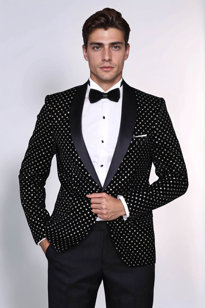 Dot Patterned Slim Fit Black Men Evening Dinner Blazer - Wessi