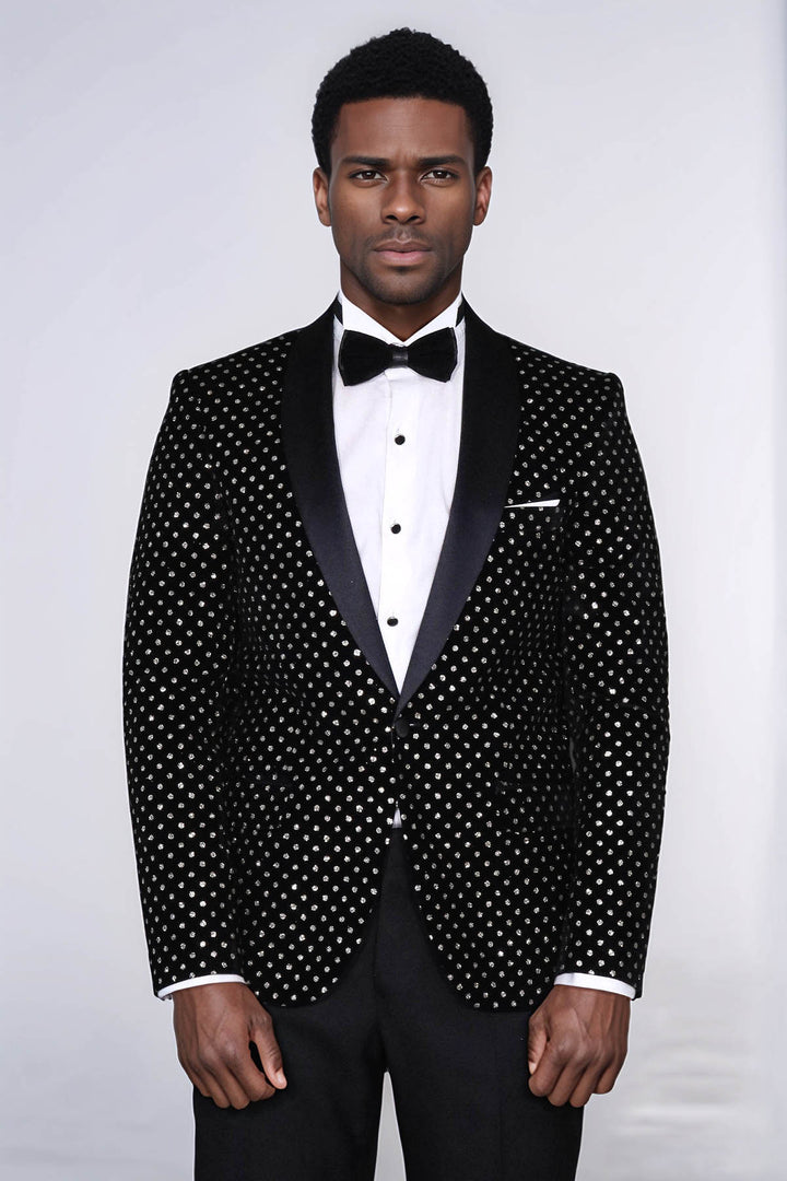 Dot Patterned Slim Fit Black Men Evening Dinner Blazer - Wessi