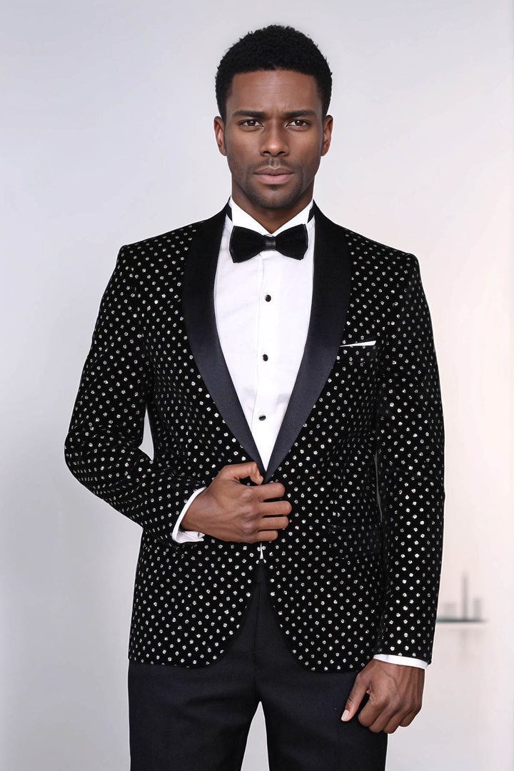 Dot Patterned Slim Fit Black Men Evening Dinner Blazer - Wessi