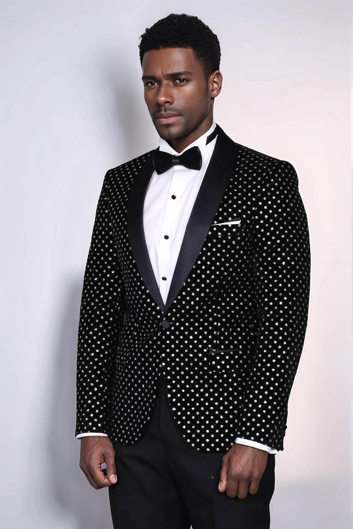 Dot Patterned Slim Fit Black Men Evening Dinner Blazer - Wessi