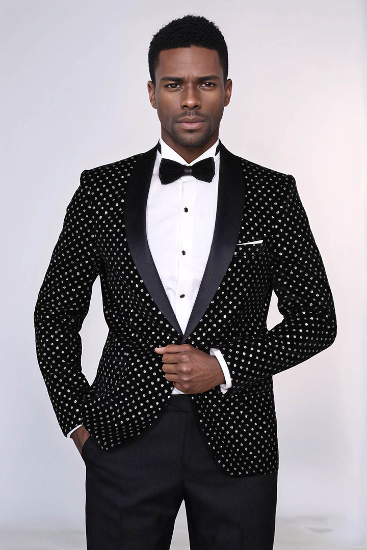 Dot Patterned Slim Fit Black Men Evening Dinner Blazer - Wessi