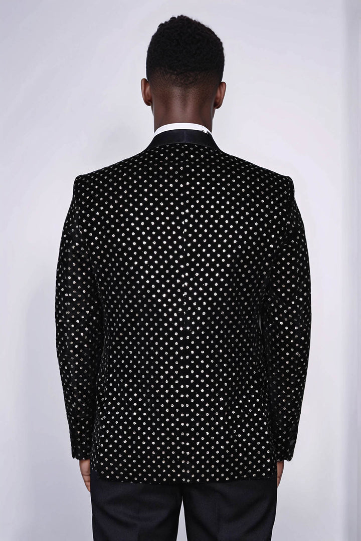 Dot Patterned Slim Fit Black Men Evening Dinner Blazer - Wessi