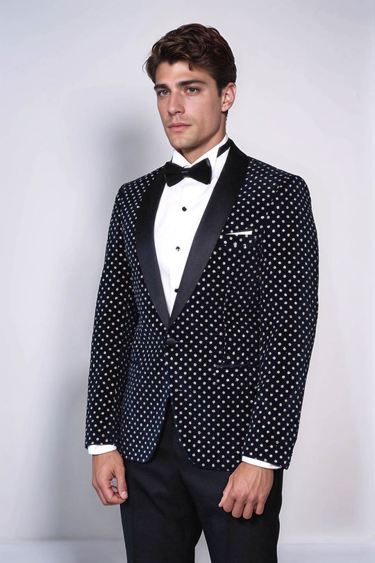 Blazer de Bal Homme Bleu Marine Coupe Slim à Motifs de Points - Wessi