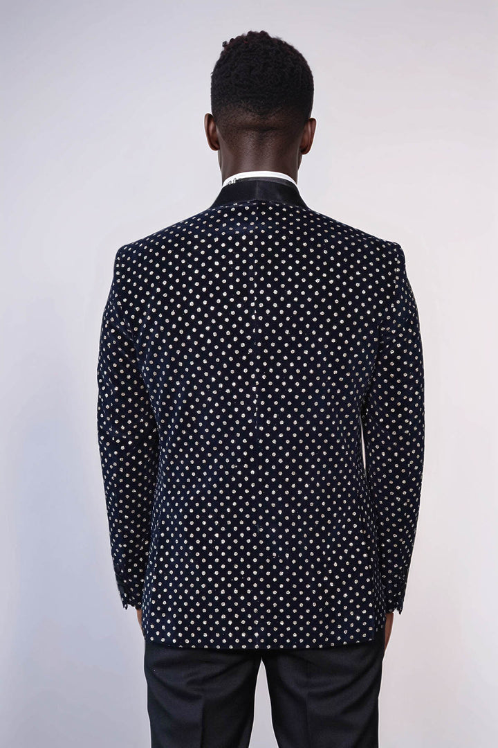 Dot Patterned Slim Fit Navy Blue Men Party Blazer - Wessi